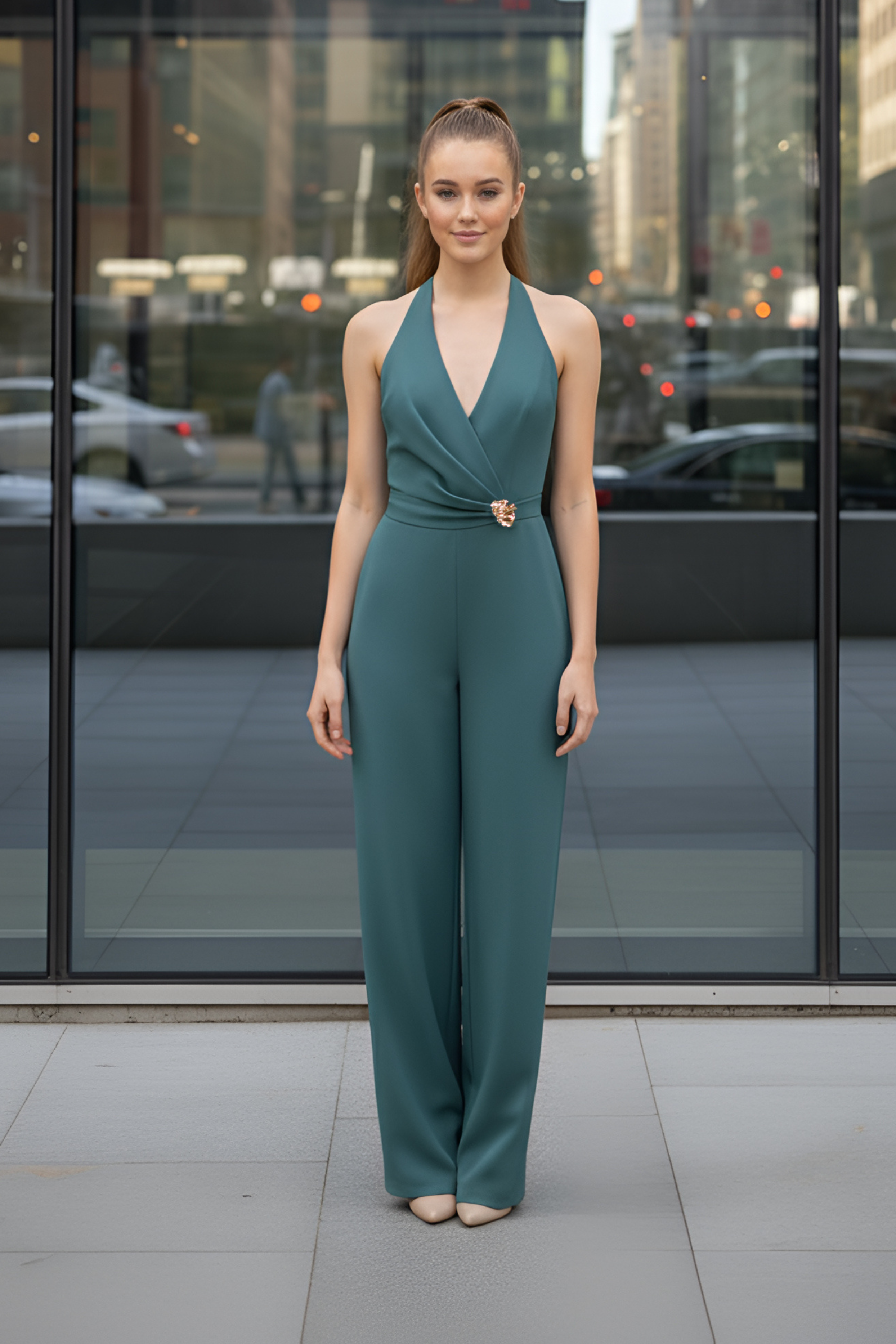 Sea-Green Halter Jumpsuit – Gold Brooch